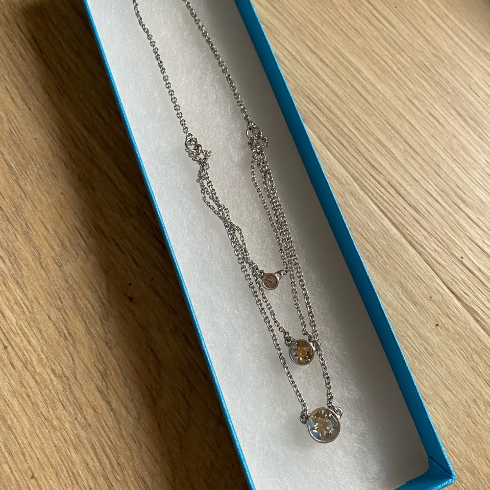 Silver Layered Necklace with Clear Crystal Pendants - Women Jewelry